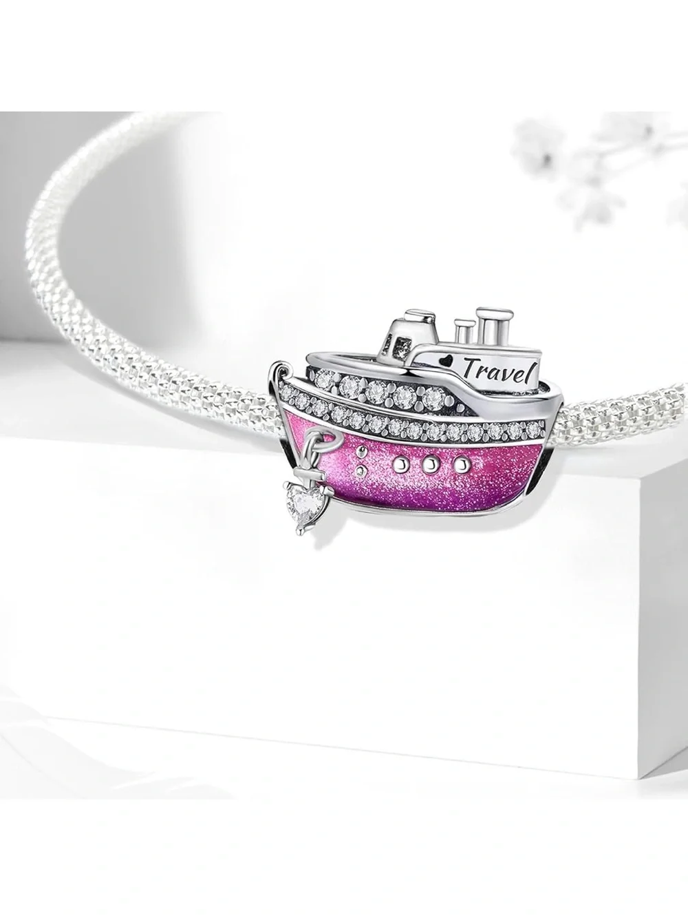 Pink Cruise Ship Travel Charm Rhinestone Vacation Nautical Jewelry